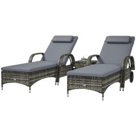 Outsunny Patio Wicker Chaise Lounge Chair Set of 2 with Table, Adjustable Backrest, Wheels, Cushion & Headrest, Gray