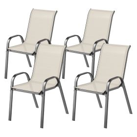 Outsunny Set of 4 Outdoor Dining Chairs, Stackable Patio Chairs with High Back, Breathable Mesh Seat for Garden Lawn, Beige