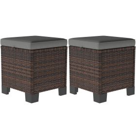 Outsunny 2 Pieces Wicker Outdoor Ottomans with Cushions, Rattan Ottoman Footrest & Side Table for Patio Yard Poolside, Gray