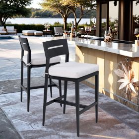 Modern Outdoor 2PC Bar Stools, Aluminum Patio Bar Chair with Ergonomic Backrest, Tapered Legs, Footrest, Ember Black, Sunbrella Cushion