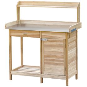 Outsunny Potting Bench Table Natural Wood with Storage Cabinet Open Shelf Steel Tabletop Garden Station