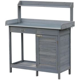 Outsunny Potting Bench Table Grey with Storage Cabinet Open Shelf Steel Tabletop Garden Workstation