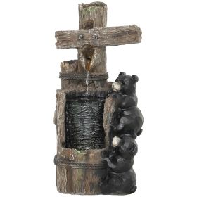 Outsunny 22.8" Water Fountain, 3-Tier Resin Bears on Log Outdoor Waterfall Fountain with LED Lights, Pump