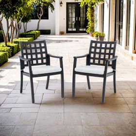 Modern Classic Cast Aluminum Outdoor Patio 2-Piece Dining Chairs, Textured Ember Black Finish, Ergonomic Lattice Backrest Design