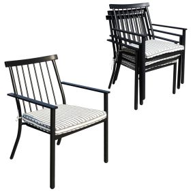 Set of 4 Outdoor Patio Chairs, Integrated Stackable Wrought Iron Furniture Dining Chairs with Arms and Cushions, Indoor Outdoor Chairs for Porch,