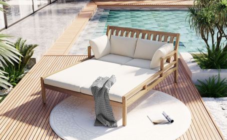 TREXM Outdoor Daybed, Patio Daybed with Four Pillows, Wooden Outdoor Bed with Curved Armrests for Poolside, Backyard