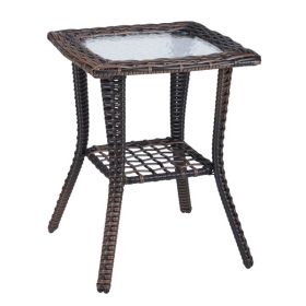 Outdoor Wicker Side Table, Rattan End Table with Glass Top, Patio Coffee Bistro Table for Indoor Garden Porch Balcony, Brown