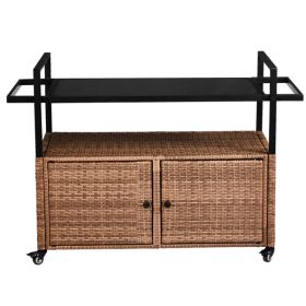Outdoor Bar Cart Table, Large Wicker Island Rolling Cart