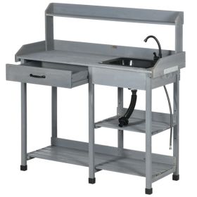 Gray Potting Bench Table, Outdoor Garden Table with Removable Sink and Faucet