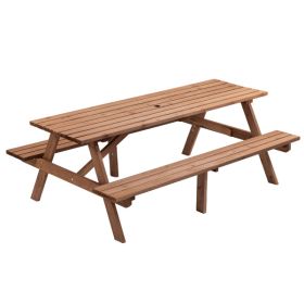 8-Person Rectangle Wooden Picnic Table, Outdoor Camping Dining Table with 2 Seats, Garden, DIY w/2 Built-in Benches, 2220lb Capacity, Brown