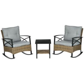 Outsunny 3 Piece Patio Rocking Chair Set, Outdoor Wicker Bistro Set with 2 Cushioned Porch Rockers and 2 Tier Coffee Table for Garden, Porch, Bac