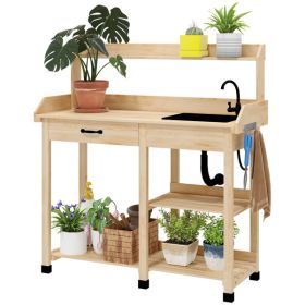 Natural Wood Potting Bench Table, Outdoor Garden Table with Removable Sink and Faucet