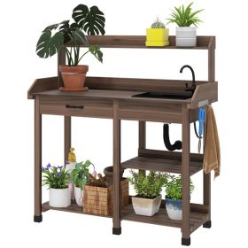 Brown Potting Bench Table, Outdoor Garden Table with Removable Sink and Faucet