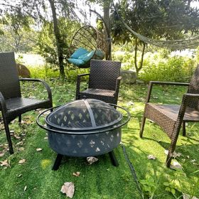 Round fire pit with net cover, fire poker, diamond mesh, metal wood burning outdoor fire pit, suitable for courtyards, backyards, gardens