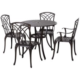 5 Pieces Outdoor Dining Set, Cast Aluminium Patio Table and Chairs with Parasol Hole, Patio Dining Set for 4, Brown