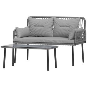 2 Pieces Wicker Patio Furniture Set, Small Patio Seat with Outdoor Loveseat, Glass Top Table and Cushions, Light Grey