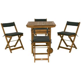 5 Pieces Wood Patio Dining Set, Wheeled Patio Table and Folding Chairs with Cushions for Garden Backyard Poolside, Teak