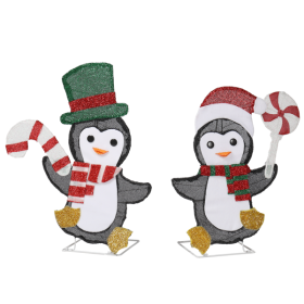 Set Of 2 Lighted Penguin And Candy Cane Christmas Decorations, Pre-lit 2D Holiday Decor With 80 Warm White LED Lights For Xmas Outdoor Indoor Dec (Option: 2Pcs)